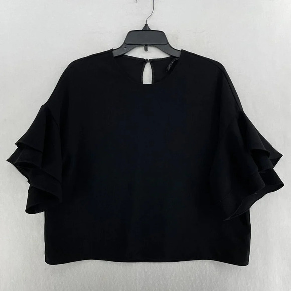 Zara Tops - Zara Woman Blouse Women's M Black Ruffle Half Sleeves Round Neck Keyhole Back